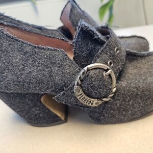 John Fluevog Gray Felt Mules with Silver Buckle